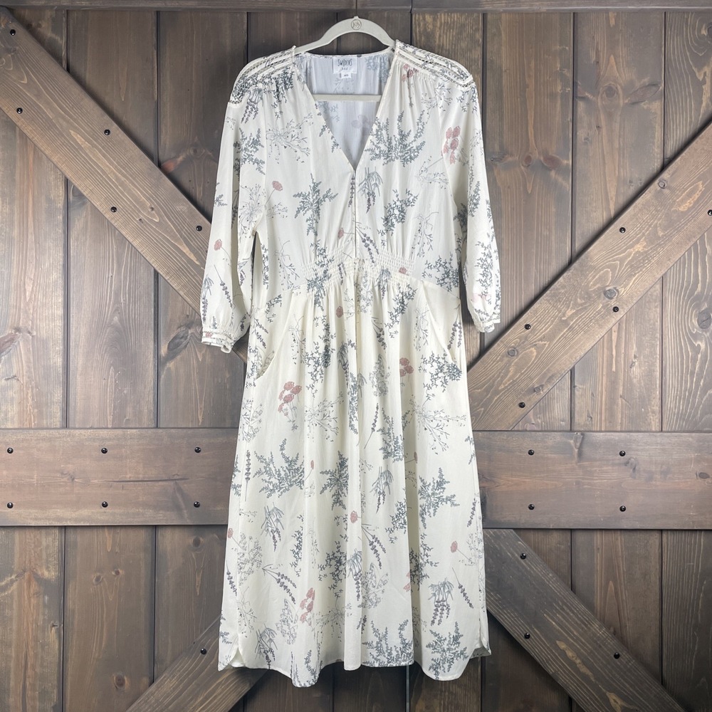 Swildens floral midi dress Boho-vintage botanical garden print 3/4 sleeves Sz 40